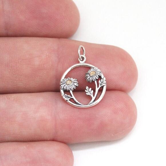 Sterling Silver Encircled Daisies Charm with Bronze Disc Floret - Picture 1 of 4